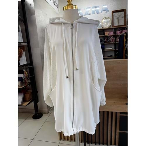 Oversize Kanguru Cepli Pullu Kot 140105 - Beyaz - 40 - AZRA05722-47194