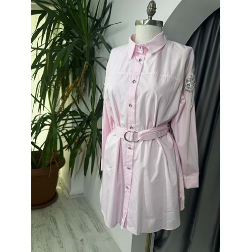 Kolları Taşlı Beli Kemerli Gömlek 170171 - Pembe - TEK BEDEN - AZRA05723-47207