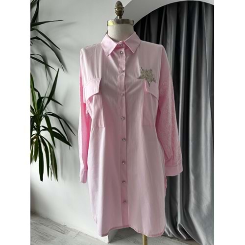 Yıldız Taşlı Kolları Güpürlü Gömlek 170179 - Pembe - TEK BEDEN - AZRA05739-47303