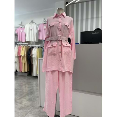 Düğme Detaylı Kemerli Takım 4890 - Pembe - L - AZRA05746-47358