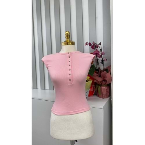 Düğmeli Kısa Kollu Crop 31887 - Pembe - S - AZRA05757-47443