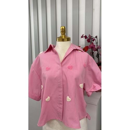 Kalp Nakışlı Gömlek 2105 - Pembe - TEK BEDEN - AZRA05770-47553