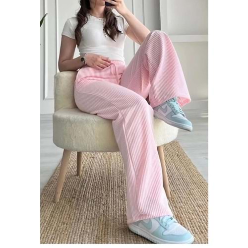 Çizgili Gofre Pantolon 820150 - Pembe - L - AZRA05803-47821