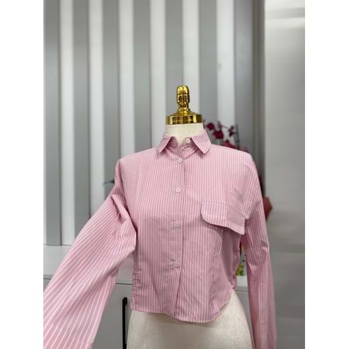 Çizgili Kısa Crop Gömlek 007025 - Pembe - L - AZRA05814-47910