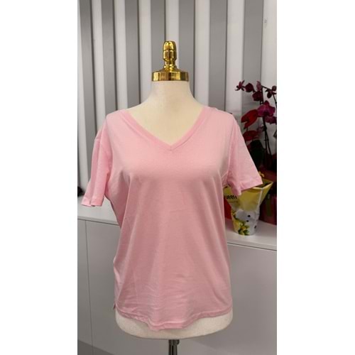 V Yaka Basic Penye Tişört 3297 - Pembe - L - AZRA05821-47983
