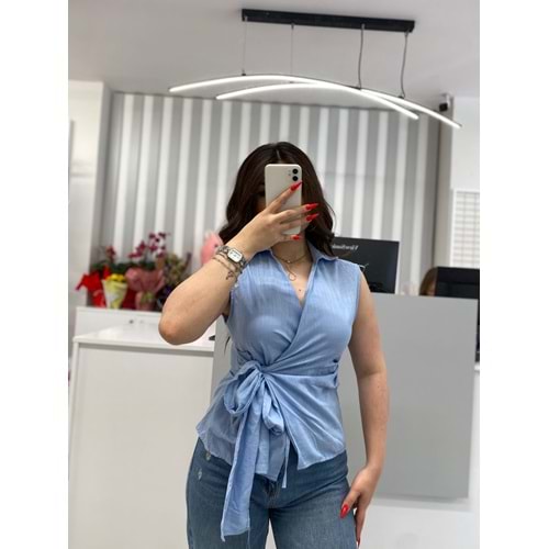Bağlamalı Keten Kumaş Gömlek 10111 - Mavi - S - AZRA05850-48271