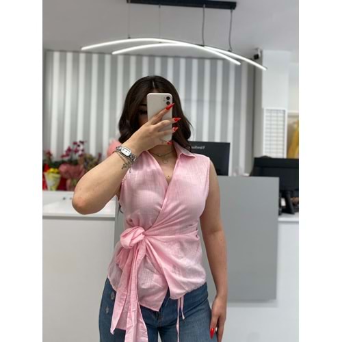 Bağlamalı Keten Kumaş Gömlek 10111 - Pembe - M - AZRA05850-48275