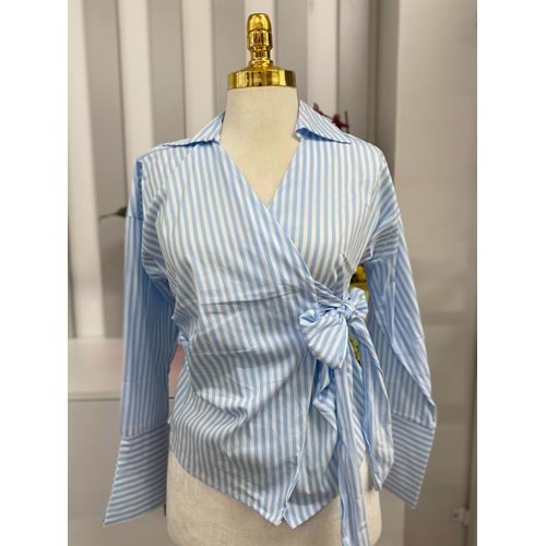 Çizgili Bağlamalı Gömlek 6128 - azra fashion - Mavi - M - AZRA05858-48324