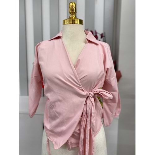 Trikoton Bağlamalı Gömlek 1548 - Pembe - M - AZRA05859-48329
