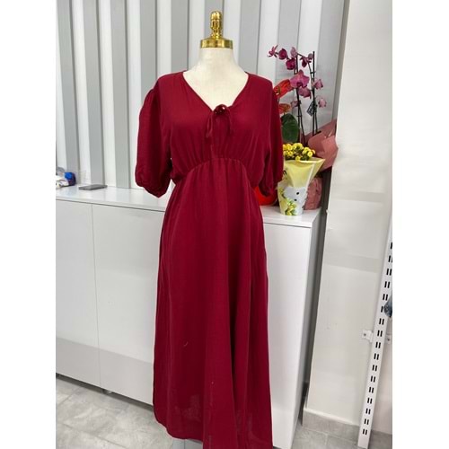 Müslin Kumaş Belden Lastikli Elbise 251056 - Bordo - L - AZRA05872-48454