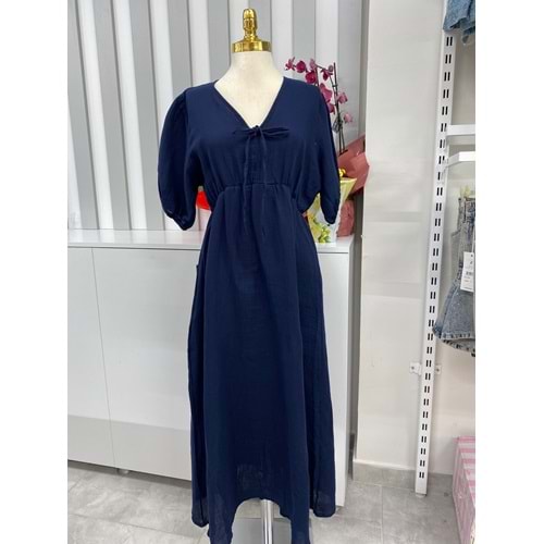 Müslin Kumaş Belden Lastikli Elbise 251056 - Lacivert - M - AZRA05872-48457