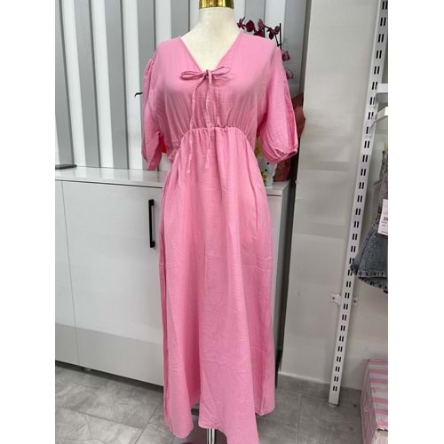 Müslin Kumaş Belden Lastikli Elbise 251056 - Pembe - M - AZRA05872-48461