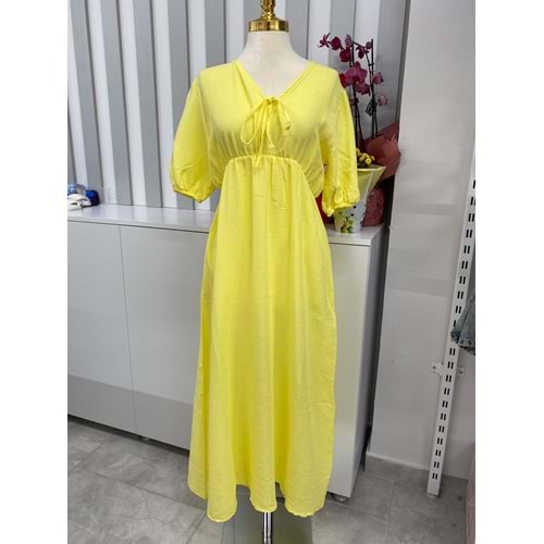 Müslin Kumaş Belden Lastikli Elbise 251056 - Sarı - M - AZRA05872-48465
