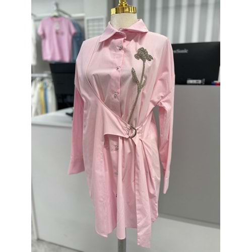 Önü Çiçek Taşlı Bağlamalı Gömlek 170175 - Pembe - 40 - AZRA05875-48515