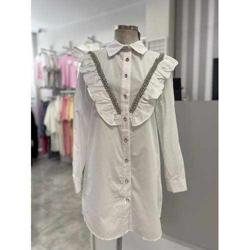 V Desen Buğday Taşlı Gömlek 170190 - Ekru - 36 - AZRA05877-48543