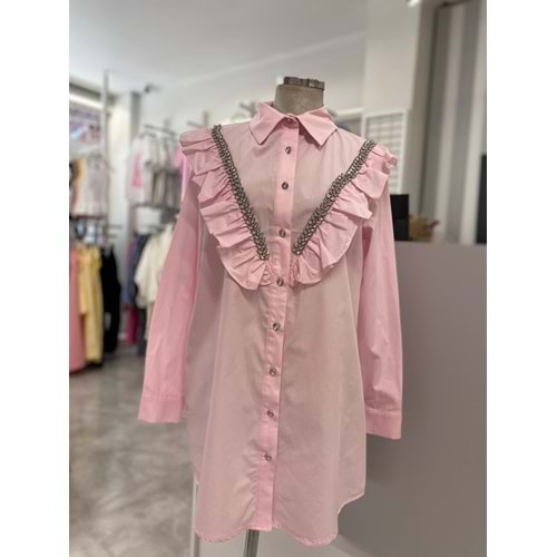 V Desen Buğday Taşlı Gömlek 170190 - Pembe - 40 - AZRA05877-48549