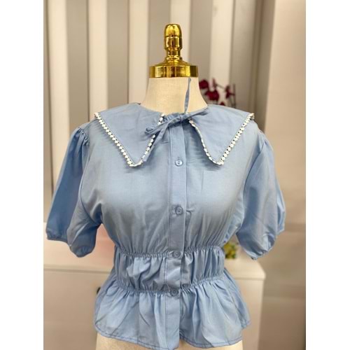 Beli Büzgülü Bebe Yaka Gömlek 244 - Mavi - L