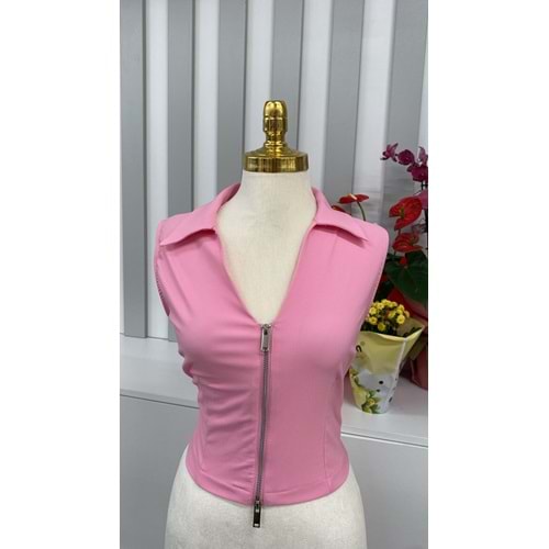 Önü Fermuarlı Yelek 0558 - Pembe - M