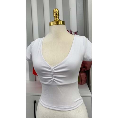 V Yaka Büzgülü Crop 4225 - Beyaz - M