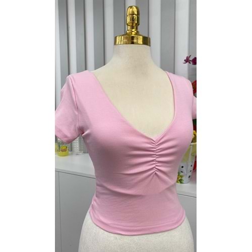 V Yaka Büzgülü Crop 4225 - Pembe - L