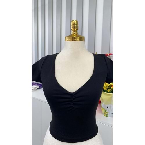 V Yaka Büzgülü Crop 4225 - Siyah - L