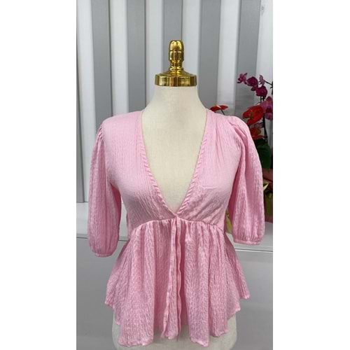 V Bağlamalı Bluz 2007 - Pembe - M-L