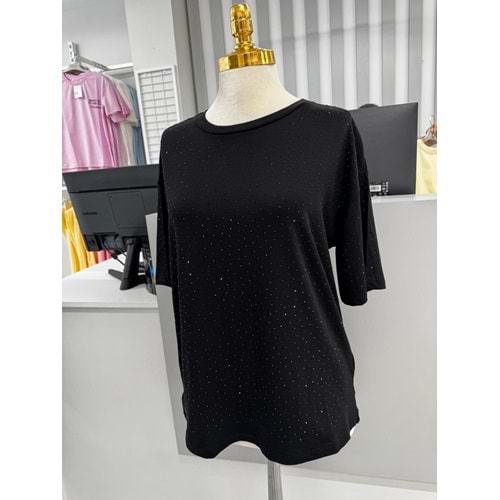Taşlı Basic Oversize Tişört 2029 - Siyah - M-L