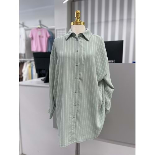Çizgili Basic Gömlek 27268 - Mint Yeşili - TEK BEDEN