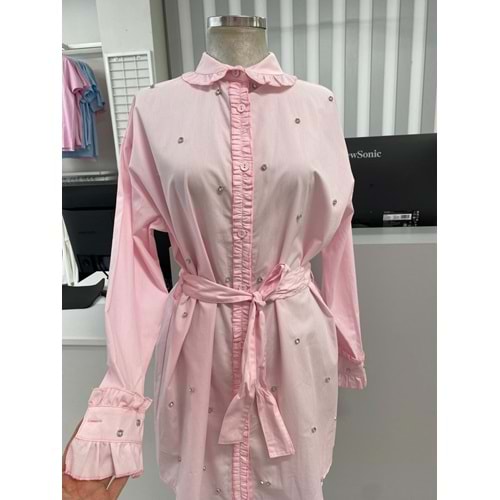 Taşlı Fırfırlı Gömlek 170176 - Pembe - 40