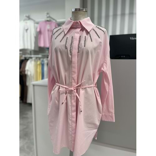Göğüs Taş Detaylı Gömlek 17095 - Pembe - 38