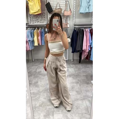 Keten İşlemeli Crop 0554 - Bej - M
