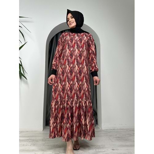 Yaprak Desenli Elbise 2564 - azra fashion - Bordo - 42-44