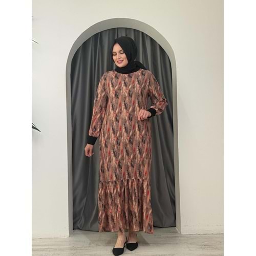 Yaprak Desenli Elbise 2564 - azra fashion - Gri - 50-52