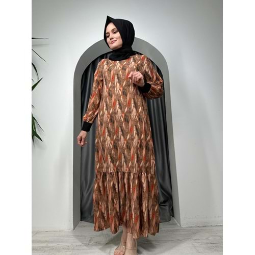 Yaprak Desenli Elbise 2564 - azra fashion - Sütlü Kahve - 50-52