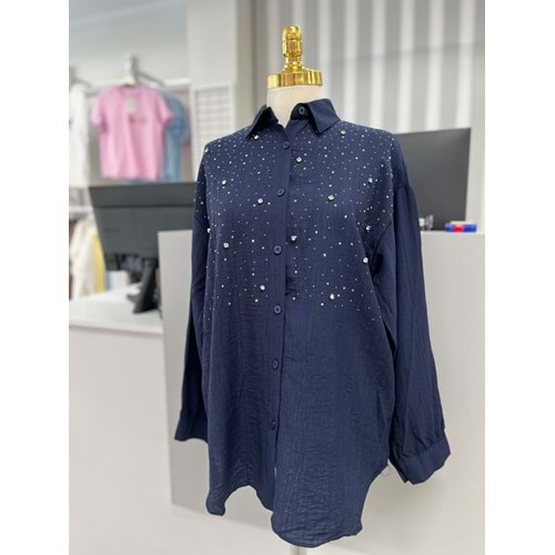 Önü Taş Detaylı Çilek Kumaş Gömlek 25997 - Lacivert - M - AZRA05975-49344