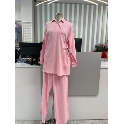 Yandan Bağlamalı Düğmeli Keten Takım 251087 - Pembe - M - AZRA05976-49365
