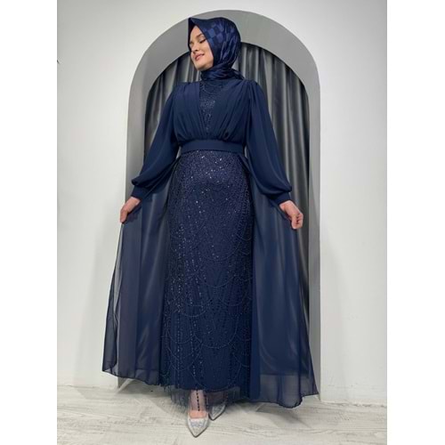 Önü Detaylı Pullu Abiye Elbise 4630 - Lacivert - 42