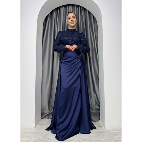 Kolları Boncuk Detaylı Saten Abiye Elbise 4652 - Lacivert - 40