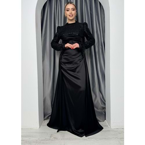 Kolları Boncuk Detaylı Saten Abiye Elbise 4652 - Siyah - 46