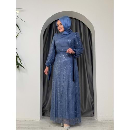 Pullu Payet Abiye Elbise 7060 - Mavi - 42