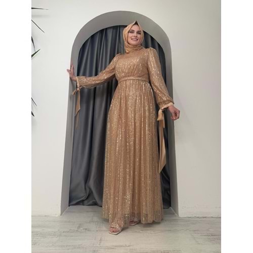 Pullu Payet Abiye Elbise 7060 - Sütlü Kahve - 44