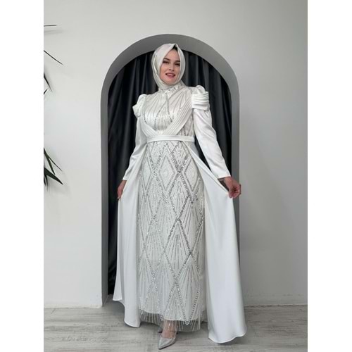 Kolları Önü Detaylı Abiye Elbise 4779 - Ekru - 40