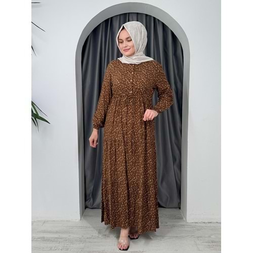 Minik Çiçekli Beli Büzgülü Elbise 1433 - Kahve Rengi - 42-44
