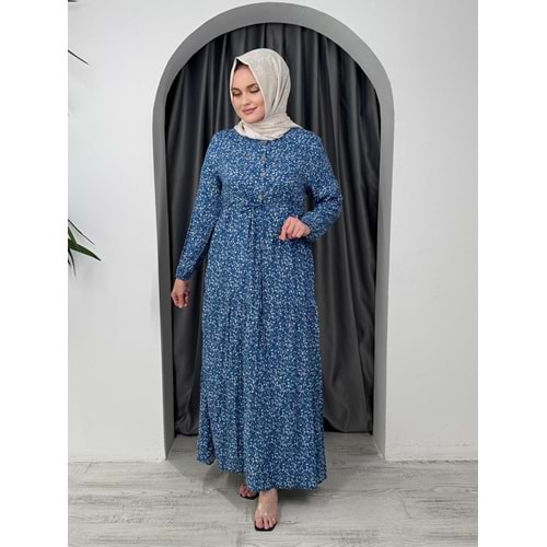 Minik Çiçekli Beli Büzgülü Elbise 1433 - Lacivert - 38-40