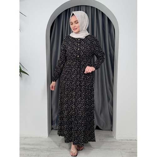 Minik Çiçekli Beli Büzgülü Elbise 1433 - Siyah - 38-40