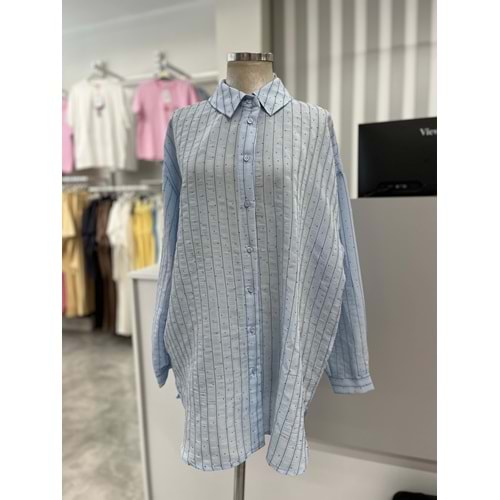 Çizgili Gömlek 16641 - azra fashion - Mavi - TEK BEDEN