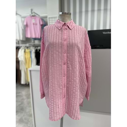 Çizgili Gömlek 16641 - azra fashion - Pembe - TEK BEDEN
