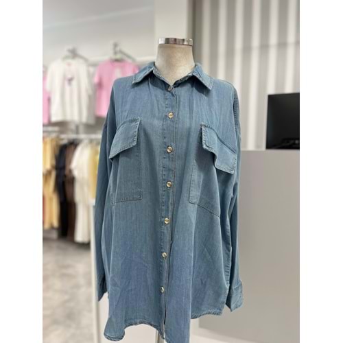 Oversize Tensel Gömlek - azra fashion - Mavi - TEK BEDEN