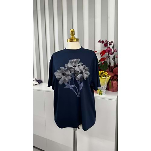 Gri Çiçekli Tişört 251069 - Lacivert - L