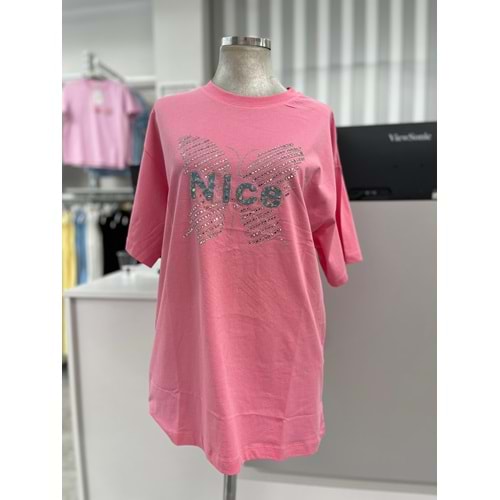 Kelebek Taşlı Tişört 251081 - Pembe - S